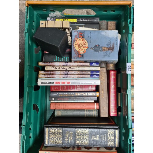 763 - Four crates filled with hardback books of various interest including many vintage and antique editio... 