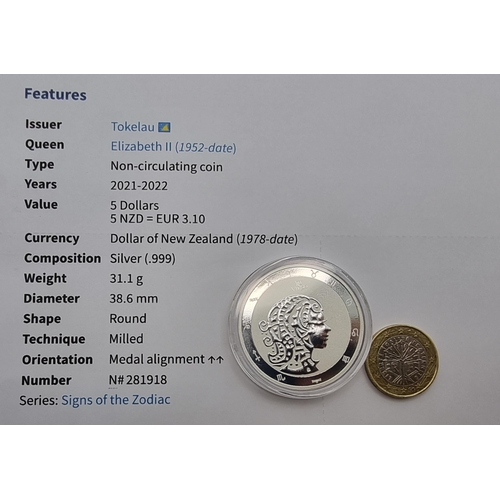 10 - Sign of the Zodiac. A five dollar Elizabeth the Second (1952) New Zealand Virgo uncirculated coin. T... 
