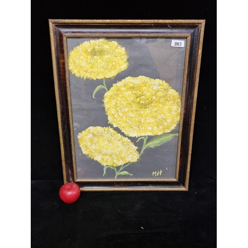 63 - An original guoache on paper painting of two vivid Chrysanthemums in yellow. Signed bottom right M.H... 