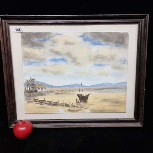 68 - A large original oil on canvas board of a beached ship in a deserted landscape. Housed in a good qua... 