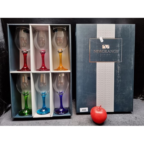 488 - A set of 6 Newgrange living wine glasses with brightly coloured stems in mint condition in original ... 