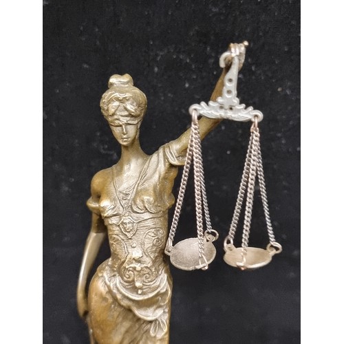 117 - Stra Lot : A super heavy bronze figure of Lady Justice, defiantly brandishing her scales and sword a... 
