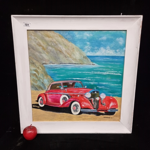 101 - A very large original oil on canvas painting of a vintage redMercedes-Benz 540K car picturesquely pa... 