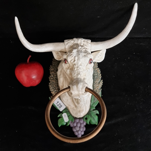 128 - A very heavy cast metal ring towel holder in the form of an imposing longhorn bull hand painted whit... 