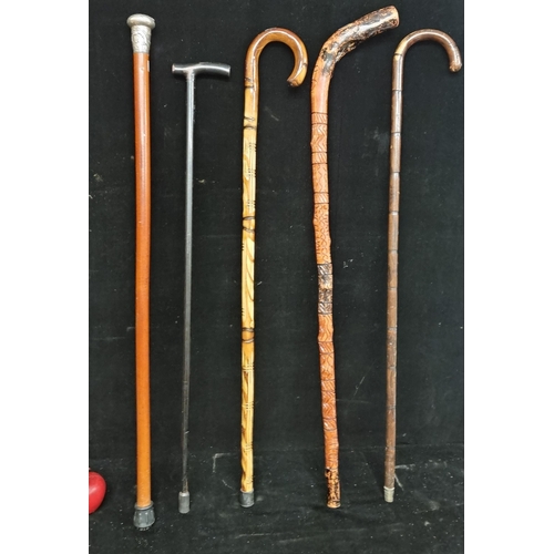 142 - A selection of five walking sticks in a variety of styles, including a lovely yew example with a sil... 