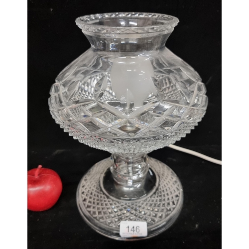 146 - An impressive vintage large Galway Crystal hurricane lamp with deep diamond cuts and cross hatched d... 