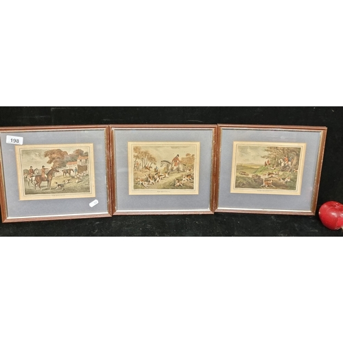 198 - Three framed antique hand-coloured aquatint prints depicting Hare Hunting, No. 1, 2 and 3. Published... 