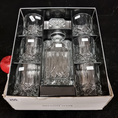 255 - A Royal Doulton seven-piece crystal set comprising of six whisky glasses along with a large decanter... 