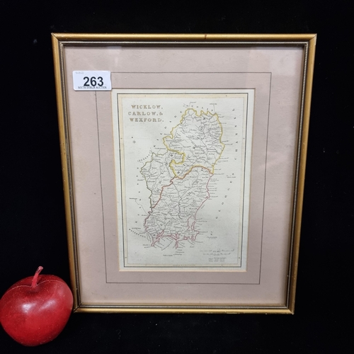 263 - An antique framed vintage map of Counties Wicklow, Carlow and Wexford with hand colored detail and b... 