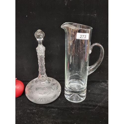 273 - Two crystal items including a lovely Victorian shaft and globe wine decanter, etched with wonderfull... 