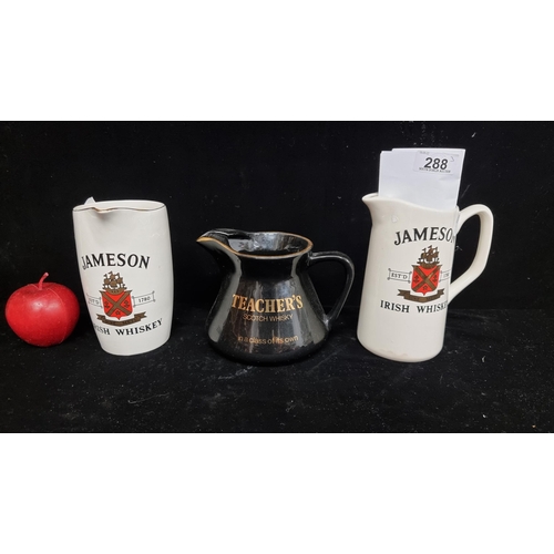 288 - A collection of  three vintage ceramic advertising whiskey jugs. Including examples for Jameson Iris... 