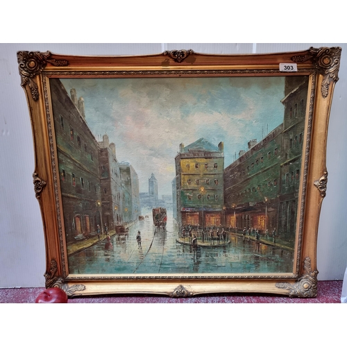 303 - A very large original oil on canvas board painting of a 19th century inner-city scene on a rainy day... 