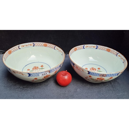 333 - Two large antique Japanese Amari bowls with hand painted designs in blue and orange. Really super ex... 