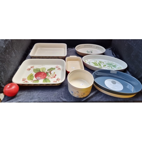 396 - Seven pieces of dishware including an unused Ekko oval pie dish.