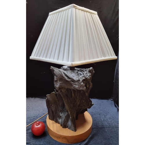 397 - A stunning bog oak sculptural table lamp with a pleated white shade. Very unusual.