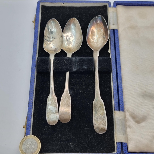 417 - A collection of three Victorian vintage desert spoons, including a Georgian Irish example. Total wei... 