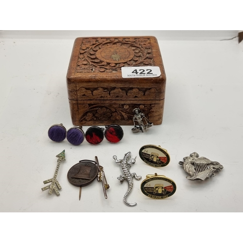 422 - An interesting collection three pairs cufflinks, an Irish silver (Hallmarked of a Harp) brooch and a... 