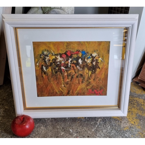 779 - A striking original oil on board painting showing an abstracted scene of horses and jockeys in the f... 