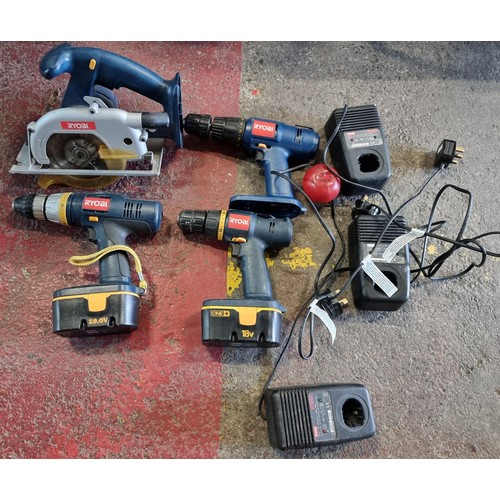 800 - A collection of Ryobi power tools, including three drills, a circular saw and three battery chargers... 