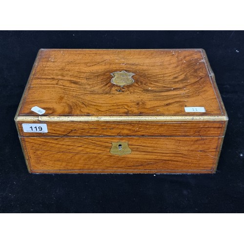 119 - A lovely Victorian mahogany stationary box with brass inlay and border, fitted internally with a lea... 