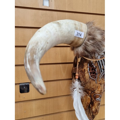 314 - Star lot : A fabulous very large  original wall mounting Buffalo skull and horns with Norse interlac... 