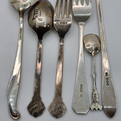 418 - A collection of assorted silver items, consisting of spoons, forks and of interest, a tea/herb strai... 