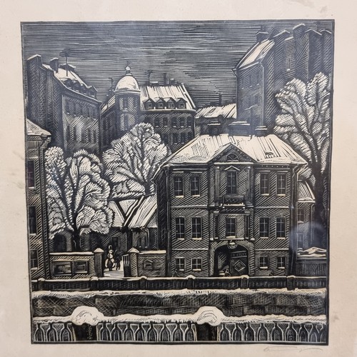 95 - A charming linocut block print showing a town in Christmas with children building a snowman in the g... 