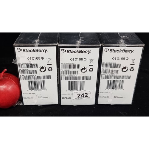 242 - Three sealed as new BlackBerry 8520 phones, model: RCG41GW. All in white colourway. Old new stock.