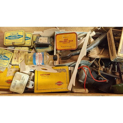 363 - A hinged wooden vintage box filled with large quantity of vintage items with lots of branded cigaret... 