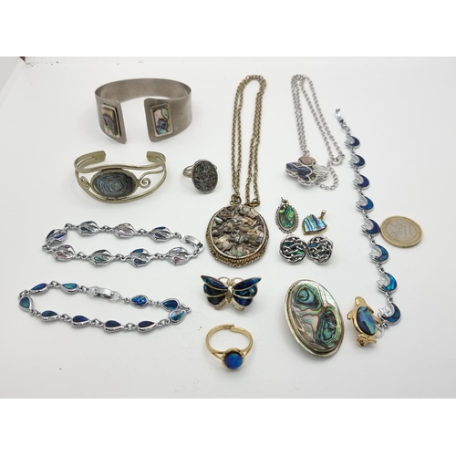 405 - A nice assorted collection of vintage abalone jewellery. Some items sterling silver. An interesting ... 