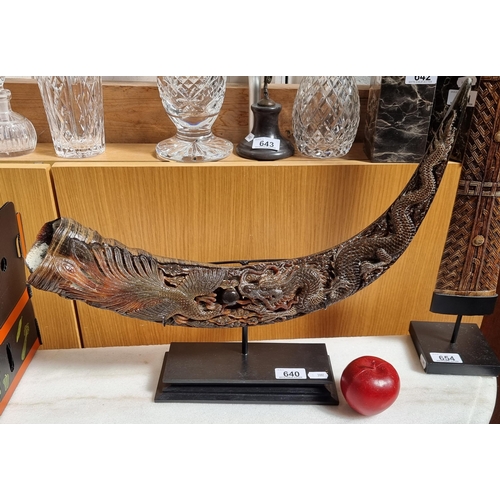640 - A fabulous Water Buffalo horn with fantastic carved Chinese motifs of Phoenix and Dragons with a cus... 