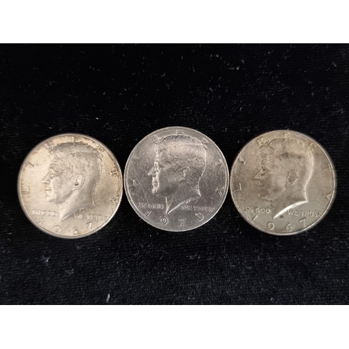 658 - Three vintage silver content coins including two Kennedy Half Dollar coins, dating to 1967 with a 19... 