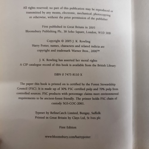 274 - A first edition copy of the book entitled: ''Harry Potter and the Half-Blood Prince'' by J.K. Rowlin... 