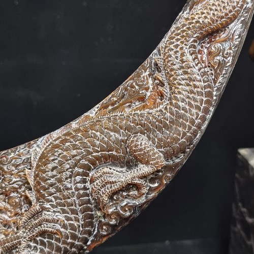 640 - A fabulous Water Buffalo horn with fantastic carved Chinese motifs of Phoenix and Dragons with a cus... 
