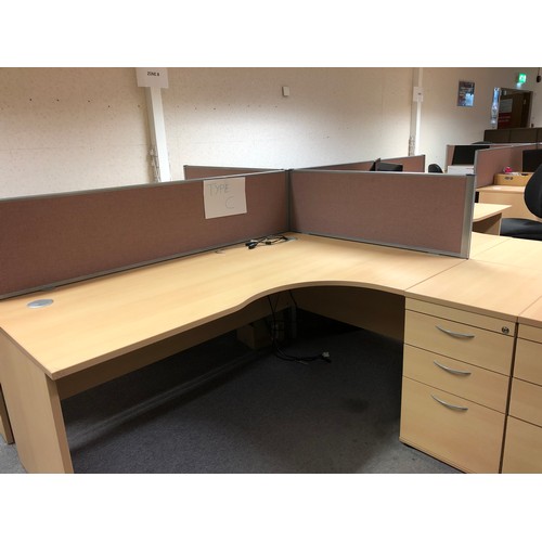 318 - Right justified beech coloured radial desk with matching pedestal 180cm x 120 (desk C x 15 ) 15 desk... 