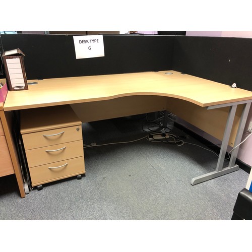 322 - Right justified light wood radial desk, with pedestal and black office privacy dividers. Approx half... 