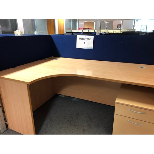 320 - Left justiified beech radial desk and matching pedestal and grommits 180cm x 120c,  6 available with... 