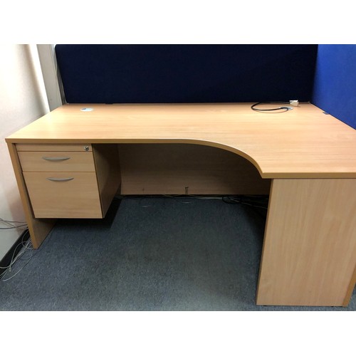 325 - Right justified beech coloured radial desk with built in 2 drawer file cabinet qnd pictured privacy ... 