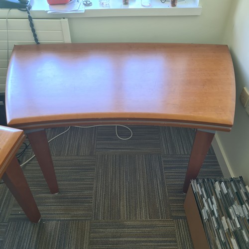 91 - Exectutive office furniture. Curved large desk, matching side table and similar two door cabinet. Su... 