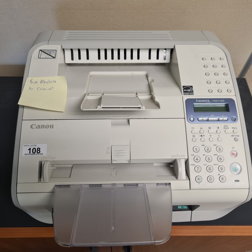 108 - Good Canon fax machine FAW-L140 with 2 door office cabinet with key.