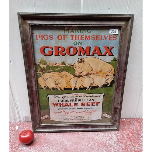 A large high quality print of an advertisement for Gromax feed featuring a mother pig and her piglet reading "Making pigs of themselves on Gromax". Whale Beef, sounds fishy !