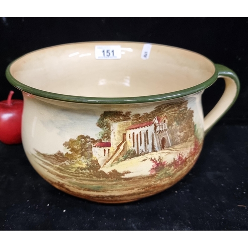 151 - A vintage, china chamber pot, by Royal Doulton. Featuring an English countryside with forest green d... 