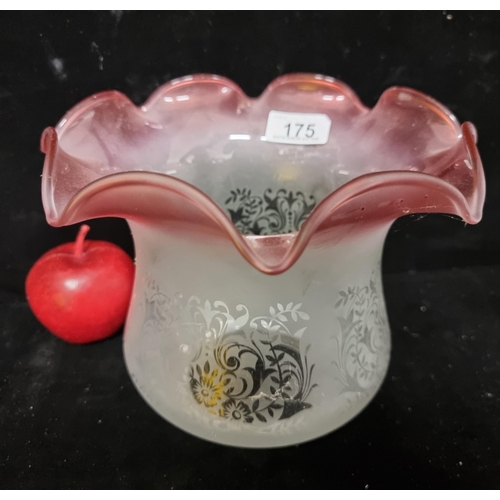 175 - A pretty antique Oil lamp shade , with graduating cranberry fluted rim and foliate designed ribbon d... 