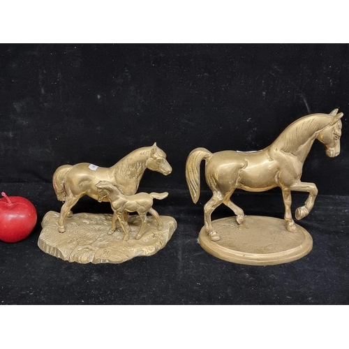 110 - Two heavy brass items in equestrian theme- a large horse statue along with a mare and pony example. ... 