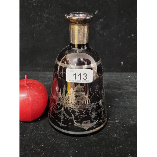 113 - A lovely example of a vintage Venetian glass decanter. With silver overlay decoration of Venice arch... 