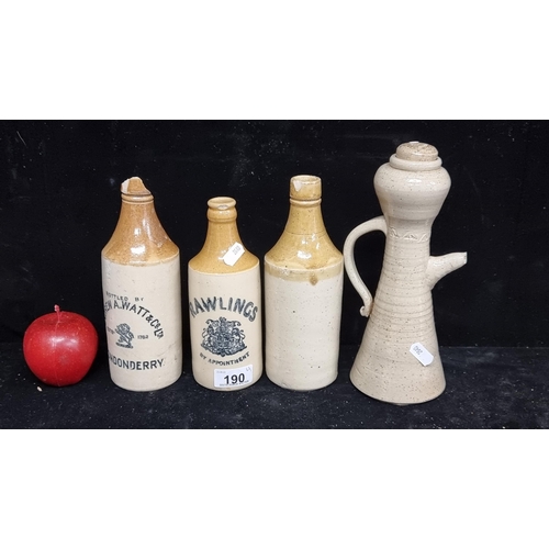 190 - Four pieces of Irish stoneware including Andre A. Watt & Co and Rawlings bottles and an unusually sh... 