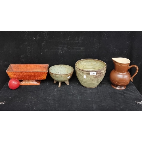 196 - Four beautiful pieces of art studio pottery including a burn orange jardiniere, a footed bowl, a lar... 