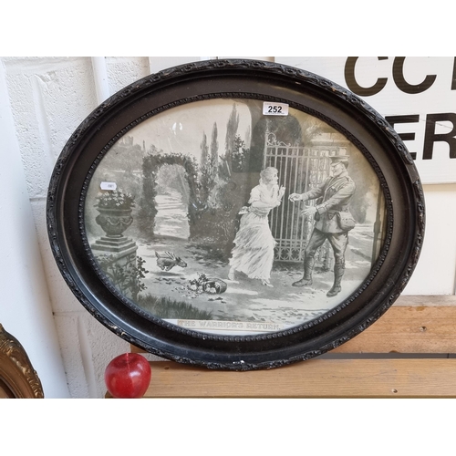 252 - A high-quality mono-chrome print of ''The Warrior's Return'' in an ornate oval wooden frame.