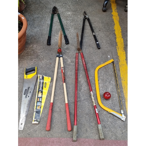 281 - 9 gardening tools including hacksaws, secretaires and hedge clippers.