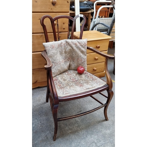 291 - A lovely vintage open arm chair with slat back with turned detailing and embroidered upholstery with... 